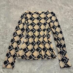 woolworths y2k argyle plaid boat neck long sleeve blouse top sz 10 brown black